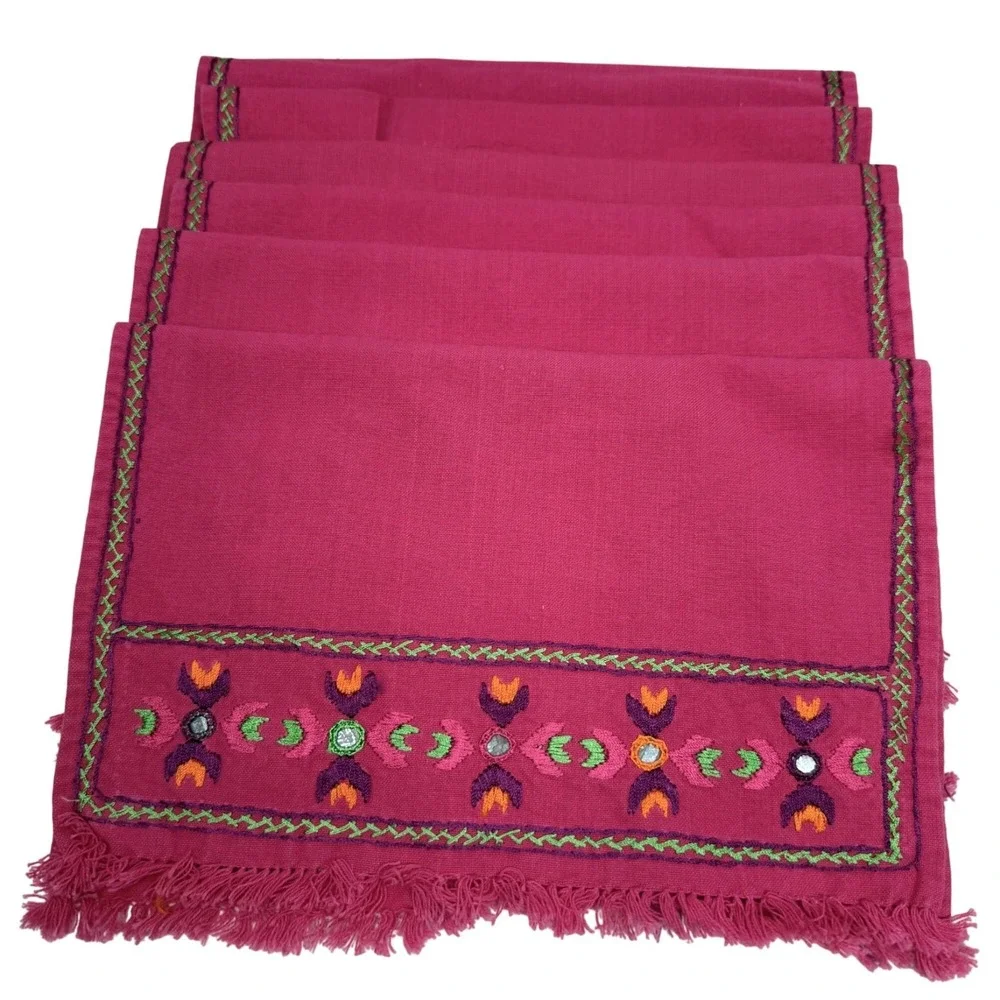 Placemats Set 12 Pink Embroidered Cotton Boho Handmade Fringe Ethnic Table Decor